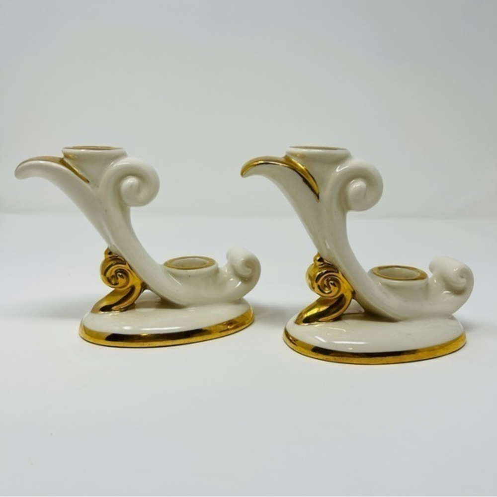 Abingdon Vintage 2 USA Pottery‎ Cream W. Gold Trim Double Candle Sticks Art Deco
